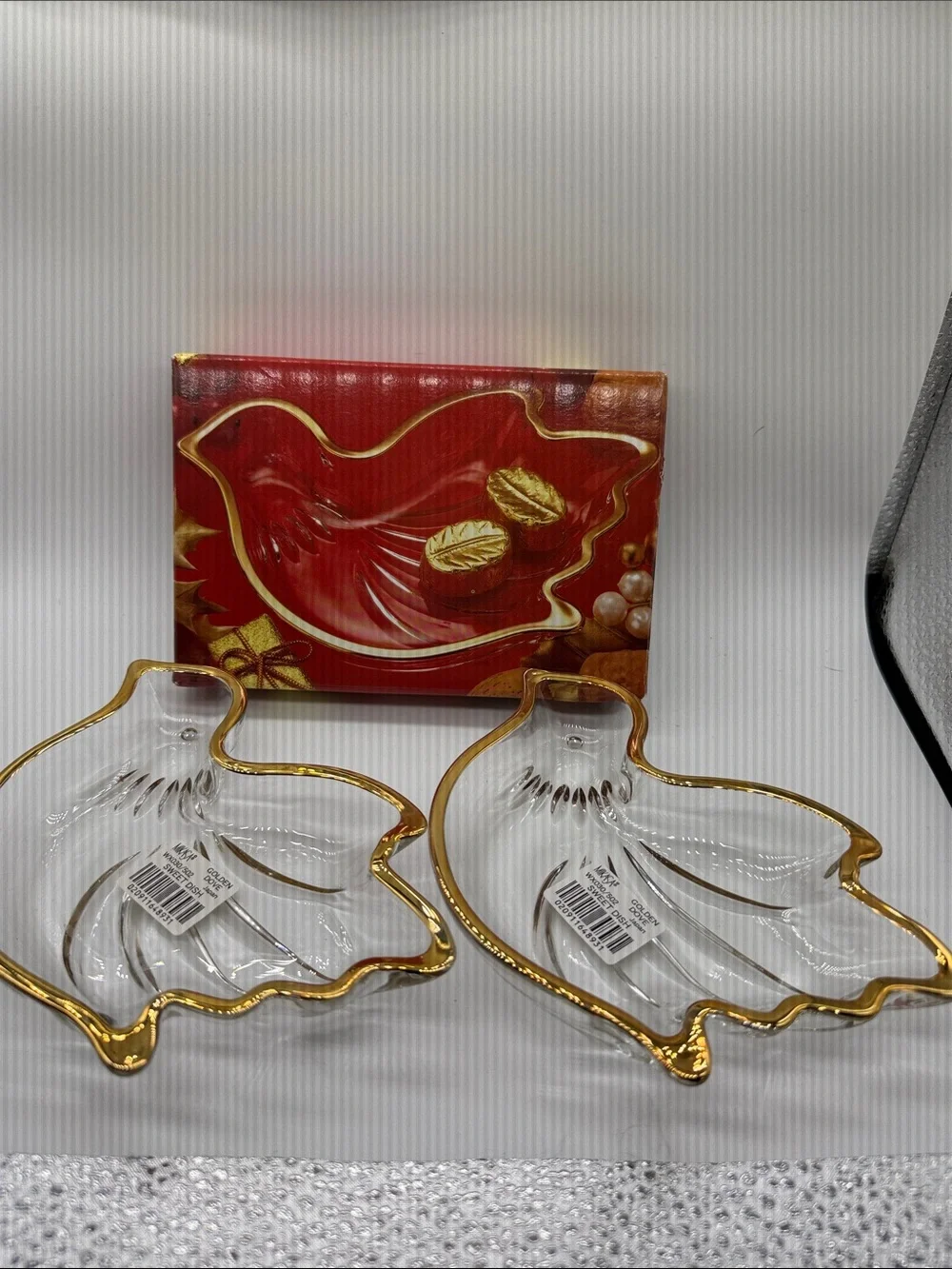 NWT Vintage Mikasa Clear Glass Dove Dishes with Gold Trim - Set of 2